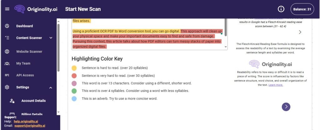 explaining readability color keys in originality