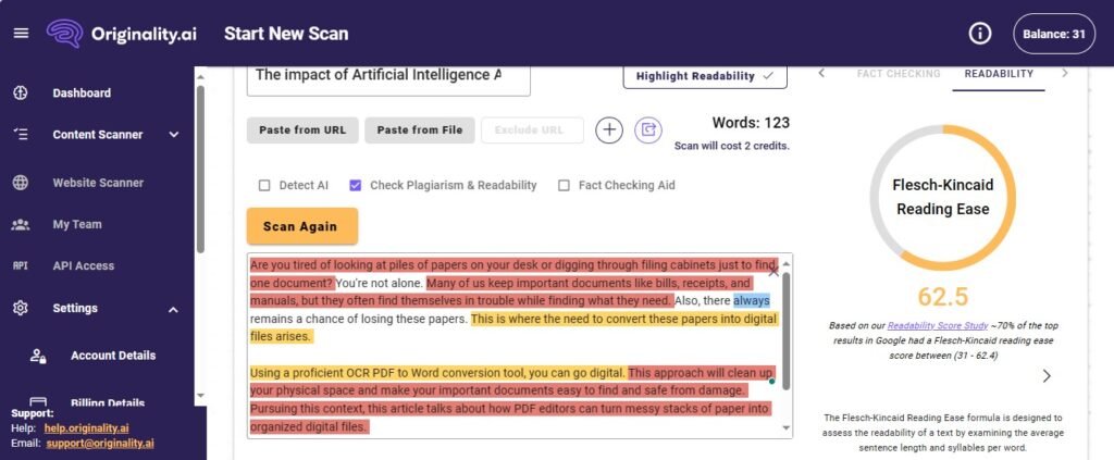 content readability score originality