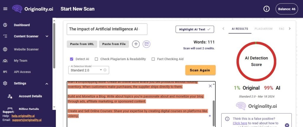 content detection results of gpt4 text